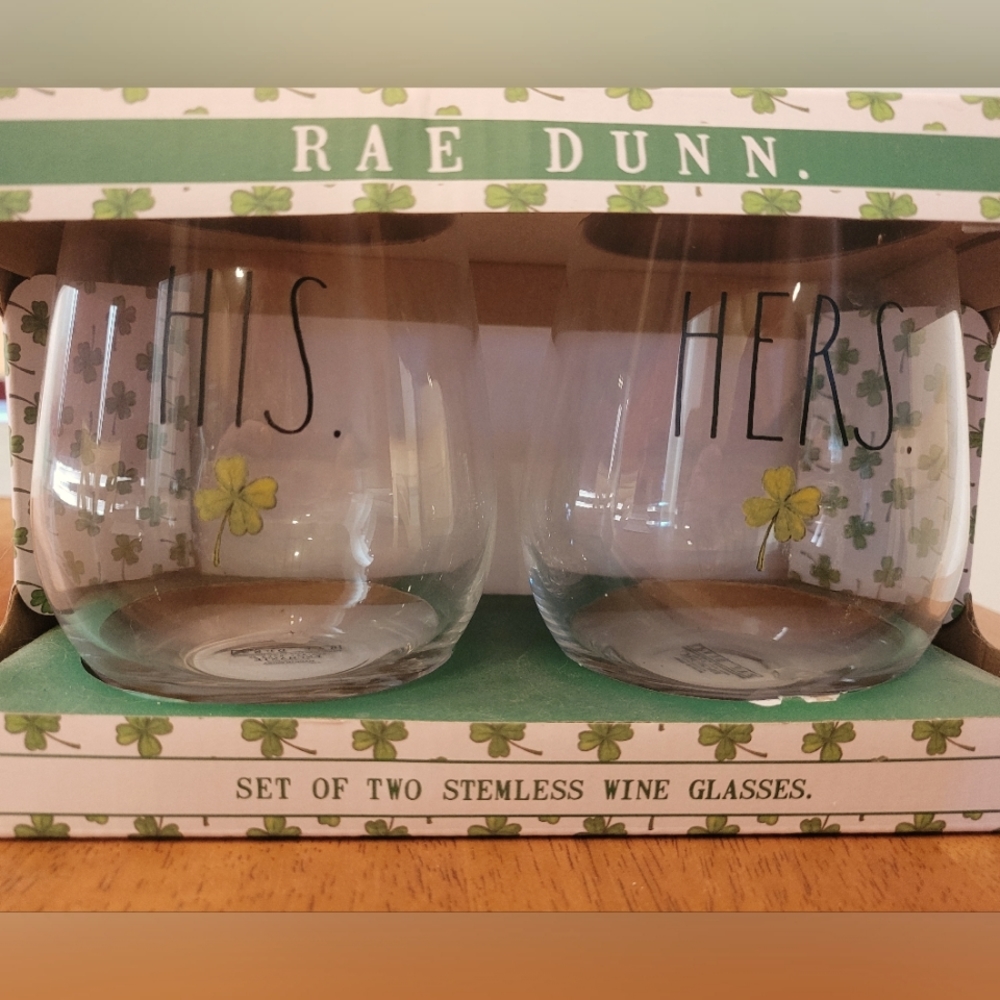 Rae Dunn St. Patrick's His & Her's Stemless Wine Glasses - Set of 2